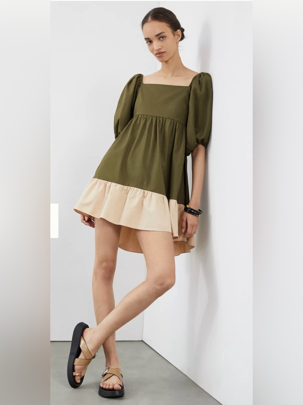 Sachin &โ Babi Mini Dress Womens M Olive Green Colorblock Puff Sleeve